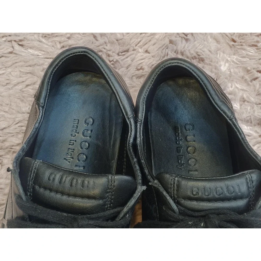 Gucci Mens‎ Black Leather GG Supreme Monogram Low Top Sneakers 433716 Size 9